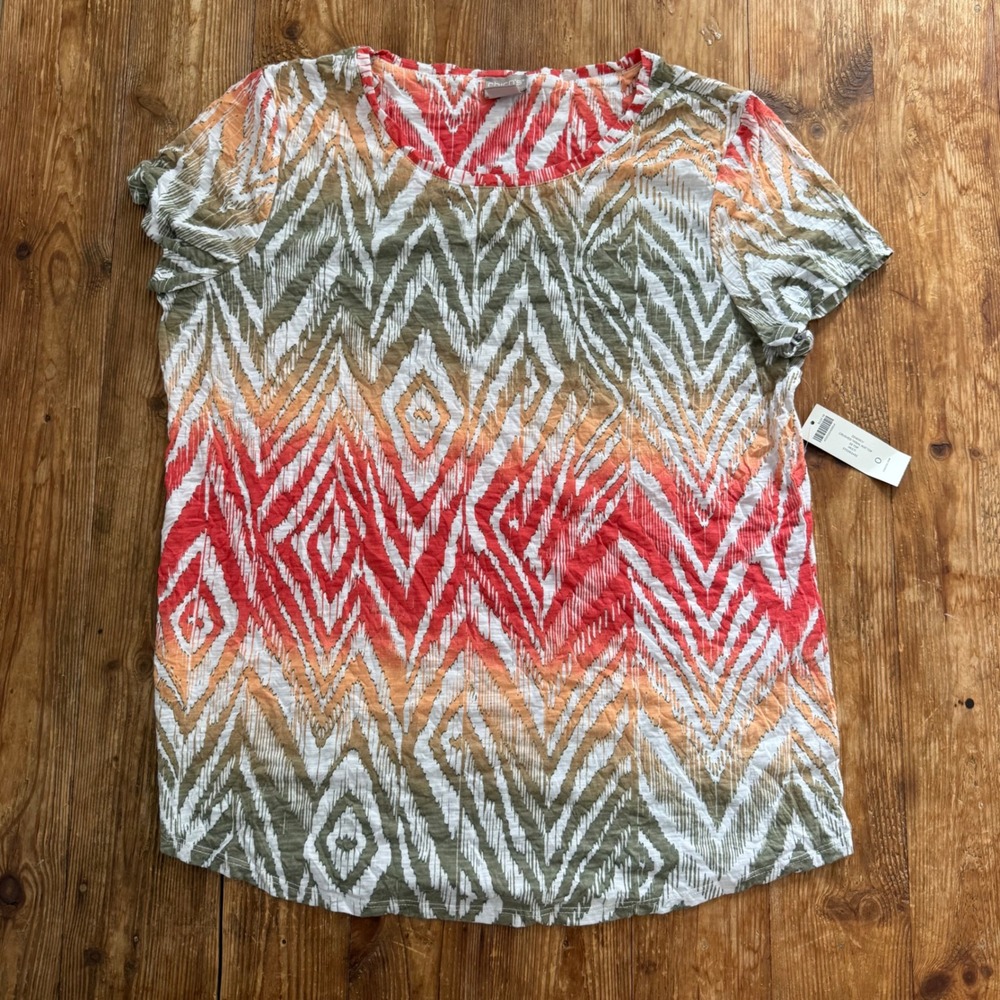 Chico's Zenergy Crushed Tribal Ikat Top Short Sleeve Multi Color Women's 4/6 NWT